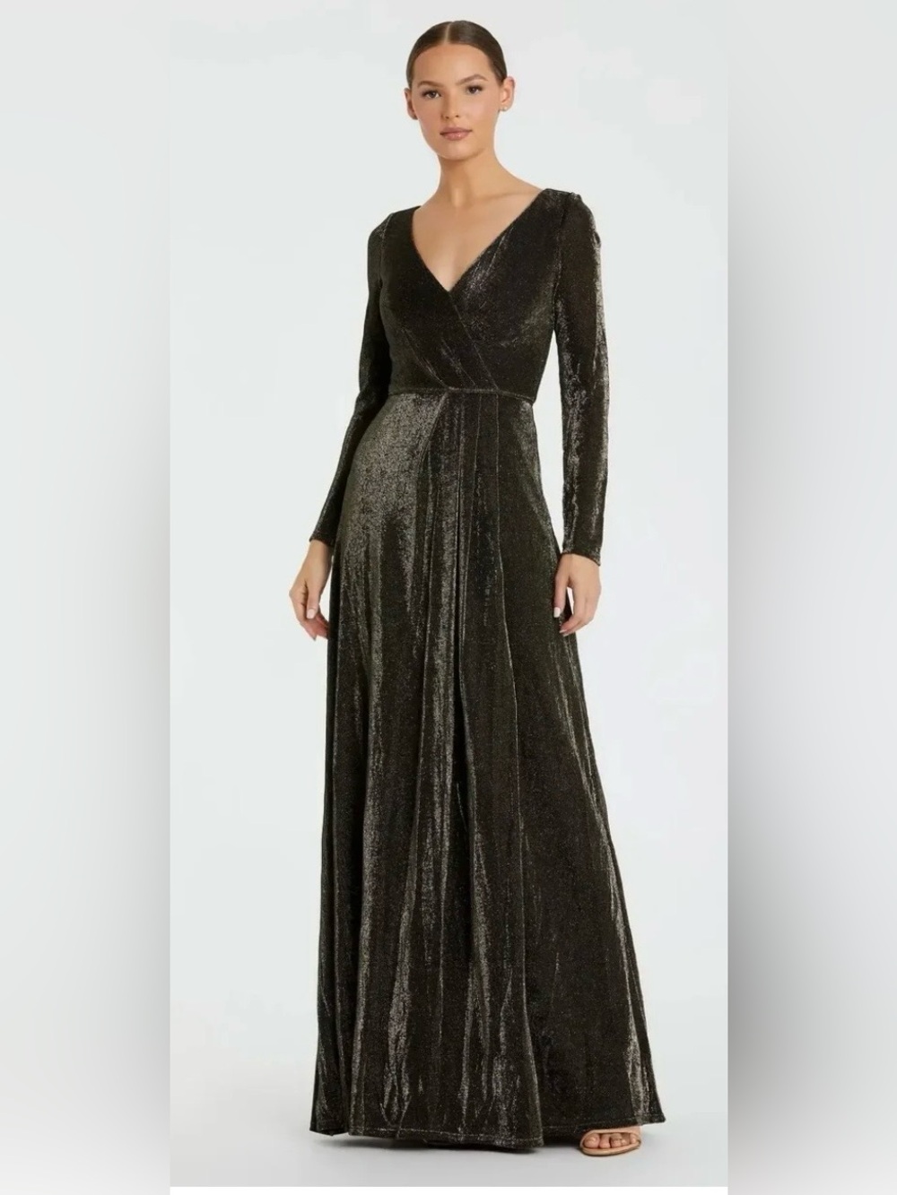 NWT IEENA by Mac Duggal Metallic Gold Shimmer Faux Wrap Evening Gown Size 6